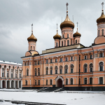 "A dramatic and evocative image depicting the blend of historical eras in Russia, showcasing both the opulent palaces of Tsarist Russia and the stark, brutalist architecture of the Soviet period, under a sky that hints at modern skyscrapers. The composition should evoke a sense of the weight of history on the present, but also suggest a forward-looking perspective. Perhaps include subtle elements representing cultural diversity."