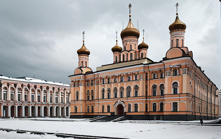 "A dramatic and evocative image depicting the blend of historical eras in Russia, showcasing both the opulent palaces of Tsarist Russia and the stark, brutalist architecture of the Soviet period, under a sky that hints at modern skyscrapers. The composition should evoke a sense of the weight of history on the present, but also suggest a forward-looking perspective. Perhaps include subtle elements representing cultural diversity."